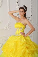 Ruched Appliqued Bodice Canary Yellow Layers Skirt With Blue Quinceanera Dress