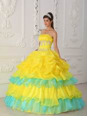 Ruched Appliqued Bodice Canary Yellow Layers Skirt With Blue Quinceanera Dress