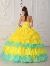 Ruched Appliqued Bodice Canary Yellow Layers Skirt With Blue Quinceanera Dress