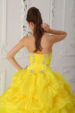 Ruched Appliqued Bodice Canary Yellow Layers Skirt With Blue Quinceanera Dress