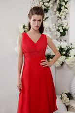 Knee Length Skirt Red Chiffon Designer Short V Neck Prom Dress