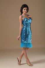 Tea Length Flaring Sequin Fabric Peacock Blue Prom Party Dress