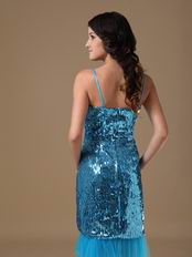 Tea Length Flaring Sequin Fabric Peacock Blue Prom Party Dress