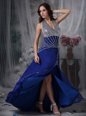 Halter Sequin Royal Blue Chiffon Prom Dress With Side Split Luxury