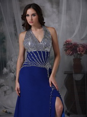 Halter Sequin Royal Blue Chiffon Prom Dress With Side Split Luxury