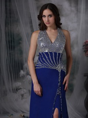 Halter Sequin Royal Blue Chiffon Prom Dress With Side Split Luxury