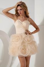 Rolled Fabric Flowers Spaghetti Straps Champagne Sweet 16 Dress