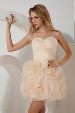 Rolled Fabric Flowers Spaghetti Straps Champagne Sweet 16 Dress