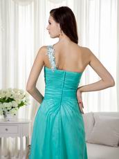 Split Skirt One Shoulder Appliqued Turquoise Prom Wear Dress