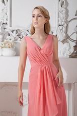 Inexpensive V-Neck Watermelon Wedding Party Prom Dress