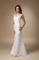 Beautiful V-neck Custom Made Lace Wedding Dress Slender