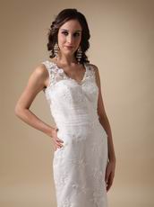 Beautiful V-neck Custom Made Lace Wedding Dress Slender