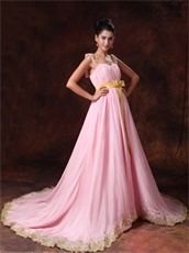 Pink Chiffon A-line Celebrity Prom Gowns With Gold Bowknot