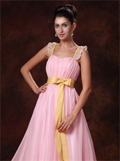 Pink Chiffon A-line Celebrity Prom Gowns With Gold Bowknot