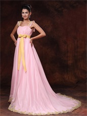 Pink Chiffon A-line Celebrity Prom Gowns With Gold Bowknot