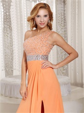 One Shoulder Bright Orange Sunshine Day Wear Dancing Dress High Slit