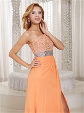 One Shoulder Bright Orange Sunshine Day Wear Dancing Dress High Slit