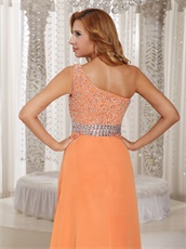 One Shoulder Bright Orange Sunshine Day Wear Dancing Dress High Slit