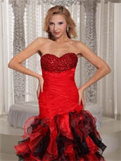 Amazing Sheath Black and Red Organza Ruffles Prom Gowns Decent