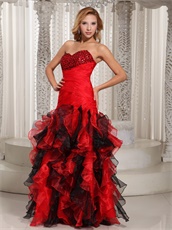 Amazing Sheath Black and Red Organza Ruffles Prom Gowns Decent