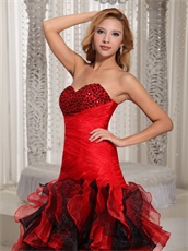 Amazing Sheath Black and Red Organza Ruffles Prom Gowns Decent