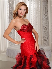 Amazing Sheath Black and Red Organza Ruffles Prom Gowns Decent