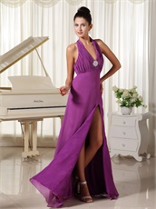 Halter V Neck Purple Chiffon Prom Dress Floor-length Slit Skirt