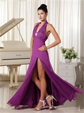 Halter V Neck Purple Chiffon Prom Dress Floor-length Slit Skirt