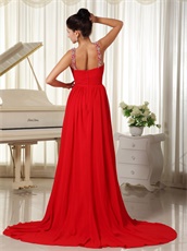 Modest Scoop Brush Train Red Spring Prom Dress For Christmas Wear