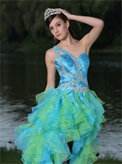 Single Strap High-low Aqua and Spring Green Cyclic Ruffles Runway Pageant Dress