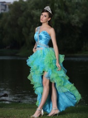 Single Strap High-low Aqua and Spring Green Cyclic Ruffles Runway Pageant Dress