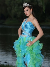 Single Strap High-low Aqua and Spring Green Cyclic Ruffles Runway Pageant Dress