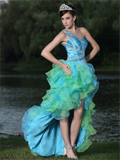 Single Strap High-low Aqua and Spring Green Cyclic Ruffles Runway Pageant Dress