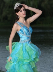 Single Strap High-low Aqua and Spring Green Cyclic Ruffles Runway Pageant Dress