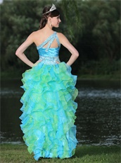 Single Strap High-low Aqua and Spring Green Cyclic Ruffles Runway Pageant Dress