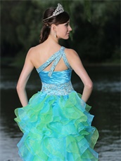 Single Strap High-low Aqua and Spring Green Cyclic Ruffles Runway Pageant Dress