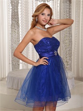 Dark Royal Blue Sequin Short Tulle Prom Dress Special Price