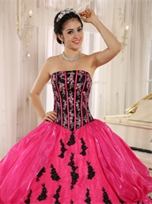 New Arrival Applique Military Ball Gown Black Bodice With Fuchsia Strip