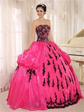 New Arrival Applique Military Ball Gown Black Bodice With Fuchsia Strip