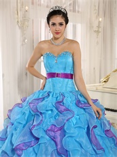 Girlish Aqua Blue and Fuchsia Cyclic Ruffles Puffy Form Ball Gown