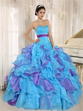 Girlish Aqua Blue and Fuchsia Cyclic Ruffles Puffy Form Ball Gown