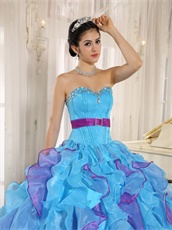 Girlish Aqua Blue and Fuchsia Cyclic Ruffles Puffy Form Ball Gown