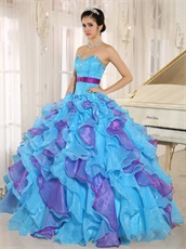 Girlish Aqua Blue and Fuchsia Cyclic Ruffles Puffy Form Ball Gown