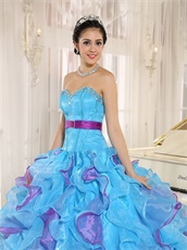 Girlish Aqua Blue and Fuchsia Cyclic Ruffles Puffy Form Ball Gown