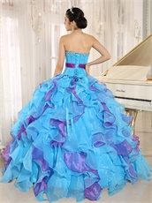 Girlish Aqua Blue and Fuchsia Cyclic Ruffles Puffy Form Ball Gown