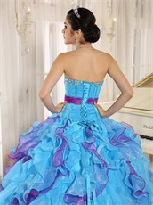 Girlish Aqua Blue and Fuchsia Cyclic Ruffles Puffy Form Ball Gown