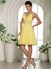 Bright Yellow Sexy Deep V Neckline Short Prom Cocktail Dress Cross Back