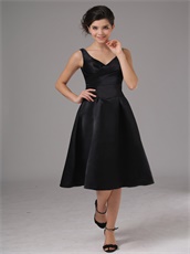 Simple Black Satin V-neck Knee Length Cheap Prom Dress No Beading