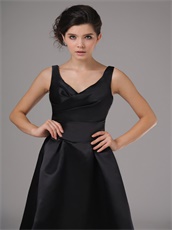 Simple Black Satin V-neck Knee Length Cheap Prom Dress No Beading