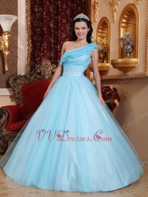 Trimed A-line One Shoulder Light Aquq Blue Prom Ball Gown